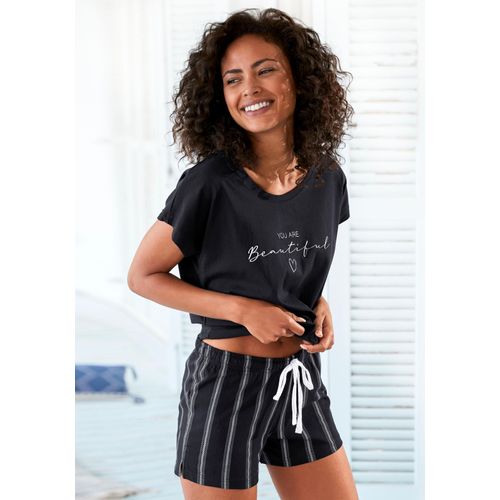 Shorty VIVANCE DREAMS Gr. 32/34, schwarz (schwarz, gestreift) Damen Homewear-Sets mit Frontdruck