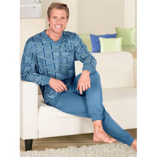 Schlafanzug, Herren, Gr. 52/54, blau (blau, gemustert), 100% Baumwolle, Langarm, Homewear-Sets