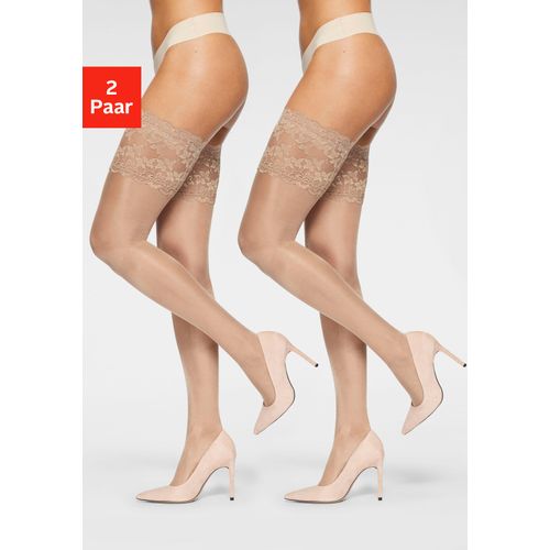 Halterlose Feinstrümpfe VIVANCE, Damen, Gr. 5 (52/54), beige (perle), Obermaterial: 85% Polyamid, 15% Elasthan, unifarben, normal, Socken, mit breitem Spitzenband