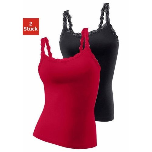 Unterhemd LASCANA, Damen, Gr. 44/46, N-Gr, rot (rot, schwarz), Single Jersey, Obermaterial: 95% Baumwolle, 5% Elasthan. Spitze: 87% Polyamid, 13% Elasthan, unifarben, elegant,feminin,festlich,sexy, tiefer Rundhals, ärmellos, Unterhemden, aus elastischer Baumwolle mit zarter Spitze, Spaghettiträger-Top