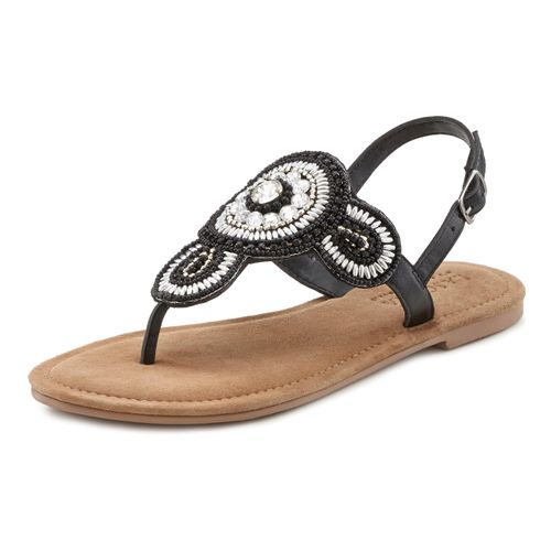 Zehentrenner LASCANA, Damen, Gr. 41, schwarz, Obermaterial: 80% Synthetik, 20% Schafsleder. Futter: 100% Schafsleder. Decksohle: 100% Ziegenleder. Laufsohle: 100% Synthetik, bestickt, feminin, Schuhe, Sandale, Pantolette in Glitzer-Optik und softer Lederinnensohle