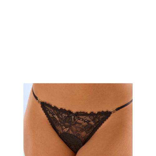 Tanga LASCANA Gr. 40/42, schwarz, Damen, Spitze, Obermaterial: 90% Polyamid, 10% Elasthan, Unterhosen, mit feiner Satinschleife und extravaganten Strassaccessoires