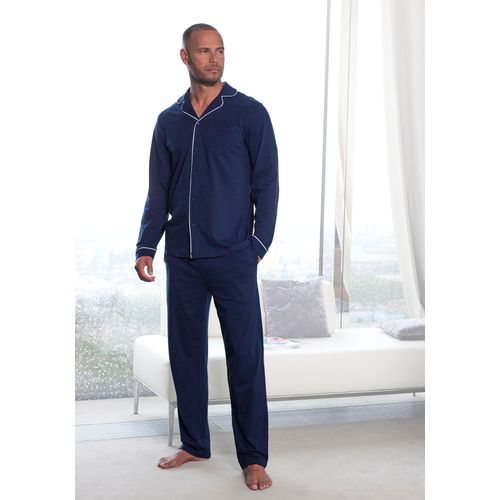 Pyjama S.OLIVER, Herren, Gr. 44/46, blau (navy), Jersey, Obermaterial: 100% Baumwolle, unifarben mit Farbeinsatz, bequem lang, Rundhals, Langarm Manschette, Homewear-Sets, in klassischer Schnittführung aus bequemer Jerseyqualität