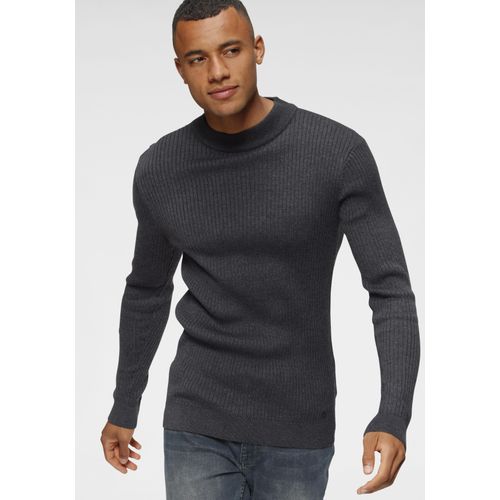 Stehkragenpullover BRUNO BANANI, Herren, Gr. XL (56/58), grau (anthrazit, meliert), Feinstrick, Obermaterial: 50% Baumwolle, 50% Polyacryl, meliert, Basic, slim fit, Langarm Bündchen, Pullover, in Rippstrickoptik