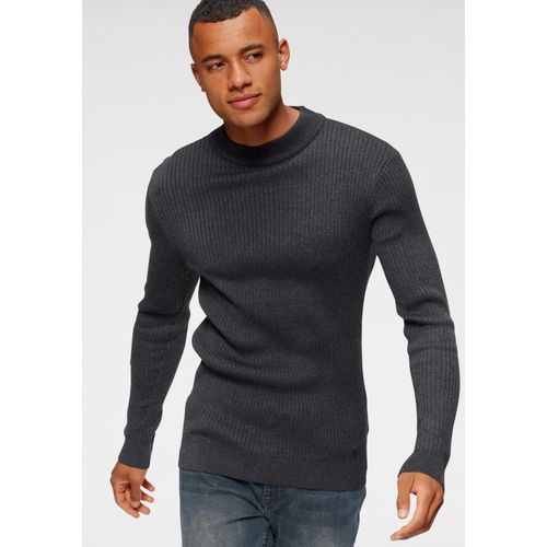 Stehkragenpullover BRUNO BANANI, Herren, Gr. S (44/46), grau (anthrazit, meliert), Feinstrick, Obermaterial: 50% Baumwolle, 50% Polyacryl, meliert, Basic, slim fit, Langarm Bündchen, Pullover, in Rippstrickoptik