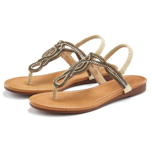 Zehentrenner LASCANA, Damen, Gr. 42, beige, Obermaterial: 100% Textilmaterial. Futter: 100% Lederimitat. Decksohle: 100% Lederimitat. Laufsohle: 100% Synthetik, Glitzer, bestickt, modisch, Schuhe Sommerschuh Zehenstegsandale, Sandale, Pantolette mit Schmucksteinen in Glitzer-Optik VEGAN