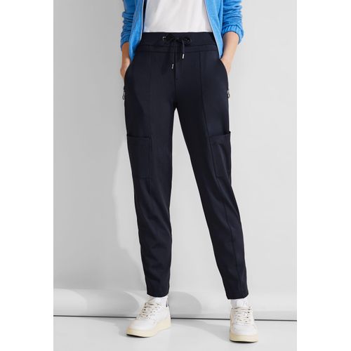 Jogger Pants STREET ONE, Damen, Gr. 46, Länge 28, blau (tiefblau), Stoff, 82% Polyester, 18% Elasthan, unifarben, casual, slim fit lang, Hosen, Middle Waist