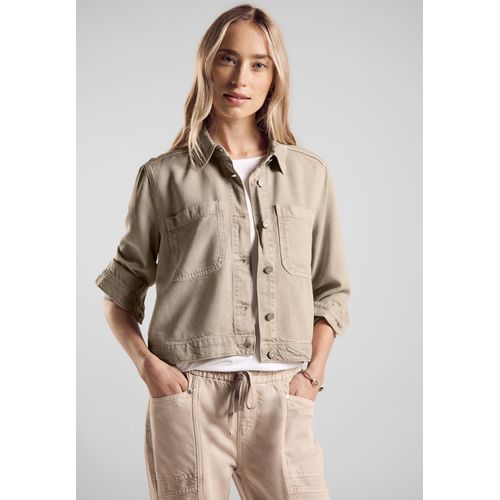 Jeansjacke STREET ONE, Damen, Gr. 46, beige (safari beige wash), Jeans, 100% Lyocell, unifarben, casual, gerade hüftlang, V-Ausschnitt, Langarm Bündchen, Jacken, mit Knopfleiste