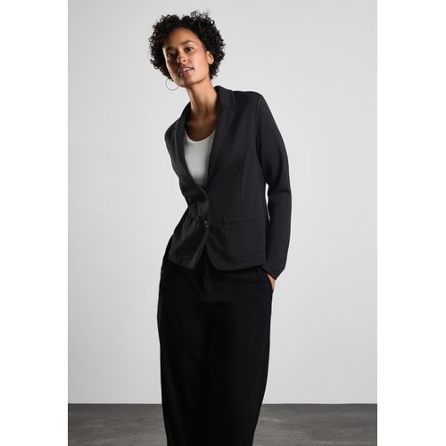 Kurzblazer STREET ONE, Damen, Gr. 44, schwarz, Stoff, Jersey, Oberstoff: 60% Viskose, 35% Polyamid, 5% Elasthan; Futter: 100% Polyester, unifarben, casual, normal kurz, V-Ausschnitt, Langarm abgesteppt, Blazer, mit Reverskragen