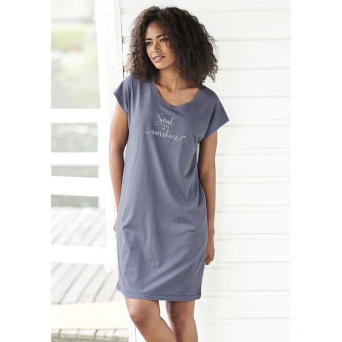 Nachthemd VIVANCE DREAMS, Damen, Gr. 40/42, N-Gr, blau (dunkelblau), Single Jersey, Obermaterial: 50% Baumwolle, 50% Viskose, unifarben, bedruckt, Basic, loose fit kurz, Rundhals, Kurzarm angeschnitten, Kleider, mit Sommer-Statementdruck