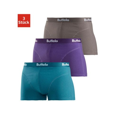 Boxer BUFFALO Gr. 5 (M), bunt (lila, petrol, grau), Herren, Jersey, Obermaterial: 95% Baumwolle, 5% Elasthan, Unterhosen, mit Overlock-Nähten vorn