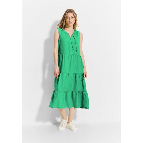 Sommerkleid CECIL, Damen, Gr. M (40), US-Größen, grün (juicy apple grün), Stoff, 55% Leinen, 45% Viskose, unifarben, casual, weit kniebedeckend, Rundhals, ohne Ärmel Bündchen, Kleider, mit Volant