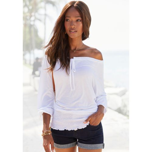 Carmenshirt LASCANA, Damen, Gr. 36/38, weiß, Jersey, Obermaterial: 100% Viskose, unifarben, modisch, figurumspielend hüftlang, Carmenausschnitt, 3/4-Ärmel Volant mit innenliegendem Gummizug, Shirts, mit 3/4-Ärmeln, Blusenshirt mit Bindeband und Gummizug