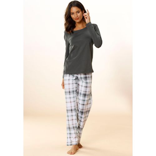 Pyjama ARIZONA, Damen, Gr. 44/46, grau (dunkelgrau, weiß), Single Jersey, Obermaterial: 100% Baumwolle, kariert, Basic, Basic lang, Rundhals, Langarm eingesetzt, Homewear-Sets, mit Karomuster