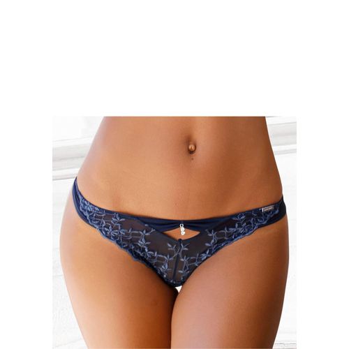 String MARIE CLAIRE Gr. 40/42, blau (marine), Damen, Microtouch, Obermaterial: 60% Polyamid, 20% Elasthan, 20% Polyester, Unterhosen, mit Blütenstickerei und Glitzeraccessoire