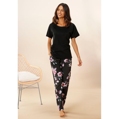 Pyjama VIVANCE DREAMS, Damen, Gr. 52/54, schwarz, Single Jersey, Obermaterial: 100% Baumwolle, geblümt, Basic, bequem, Rundhals, Kurzarm angeschnitten, Homewear-Sets, mit Blumendruck