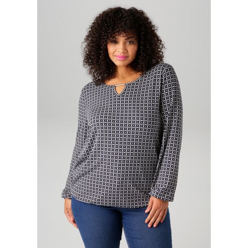 Langarmshirt ANISTON PLUS, Damen, Gr. 48, schwarz-weiß (schwarz, weiß), Single Jersey, Obermaterial: 95% Viskose, 5% Elasthan, bedruckt, gemustert, feminin, figurumspielend Po-bedeckend, Rundhals, Langarm elastischer Bund mit Gummizug, Shirts, mit grafischem Alloverdruck - NEUE KOLLEKTION