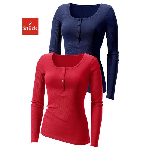 Langarmshirt H.I.S Gr. 40/42, blau (marine, rot) Damen Shirts mit Knopfleiste vorn aus modischer Rippware Bestseller