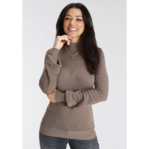 Stehkragenpullover MELROSE Gr. 34, grau (taupe) Damen Pullover mit Ajourstrick