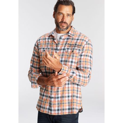 Flanellhemd MAN'S WORLD, Herren, Gr. XXXL (47/48), N-Gr, bunt (orange, weiß, blau), Flanell, Obermaterial: 100% Baumwolle, unifarben, casual, normal, Langarm, Hemden, mit Stickerei