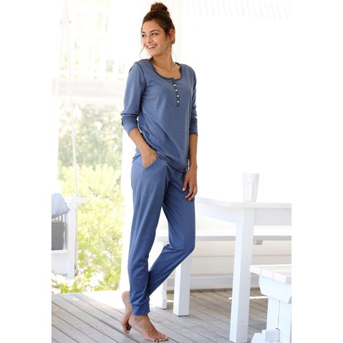 Pyjama ARIZONA, Damen, Gr. 44/46, blau (jeans, meliert), Single Jersey, Obermaterial: 60% Baumwolle, 40% Polyester, meliert, casual, bequem lang, Rundhals, Langarm, Homewear-Sets, in melierter Qualität mit Knopfleiste