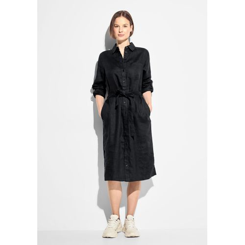Blusenkleid CECIL, Damen, Gr. L (42), US-Größen, schwarz, Stoff, 100% Leinen, unifarben, casual, gerade kniebedeckend, V-Ausschnitt, Langarm Bündchen, Kleider, in Unifarbe