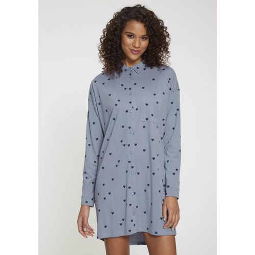 Nachthemd VIVANCE DREAMS, Damen, Gr. 32/34, N-Gr, blau (graublau gemustert), Single Jersey, Obermaterial: 50% Baumwolle, 50% Viskose, gemustert, klassisch, loose fit, hoch geschlossener Ausschnitt, Langarm Manschette, Kleider, in Hemd-Stil