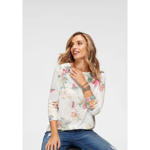 Langarmshirt ANISTON CASUAL Gr. 34, bunt (wollweiß-gelb-pink-grün) Damen Shirts mit großflächigem Blumendruck und Vögeln