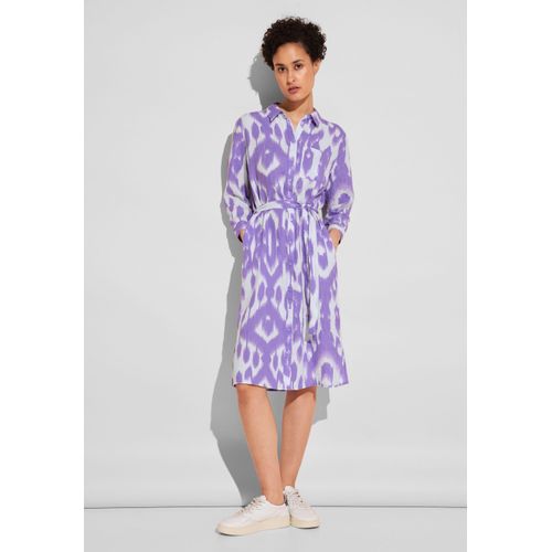 Blusenkleid STREET ONE, Damen, Gr. 46, EURO-Größen, lila (smell of lavender), Stoff, 100% Leinen, gemustert, casual, gerade knielang, V-Ausschnitt, Langarm Bündchen, Kleider, aus Leinen