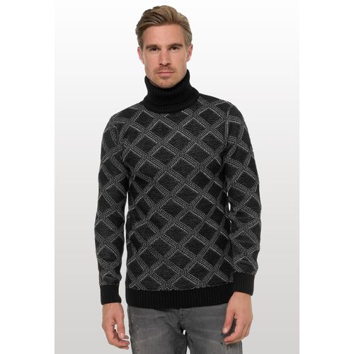 Rollkragenpullover RUSTY NEAL, Herren, Gr. S, schwarz, 70% Polyacryl, 30% Baumwolle, unifarben, casual, normal, hoch geschlossener Ausschnitt, Langarm, Pullover, mit stylischem Karo-Muster