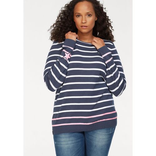 Streifenpullover KANGAROOS, Damen, Gr. 48/50 (XL), bunt (blau, weiß, rosa, gestreift), Feinstrick, Obermaterial: 50% Baumwolle, 50% Polyacryl, geringelt, casual, figurbetont hüftbedeckend, Rundhals, Langarm Rippbündchen, Pullover Pullover Rundhalspullover, mit kontrastfarbigen, aufgenähten Sternen