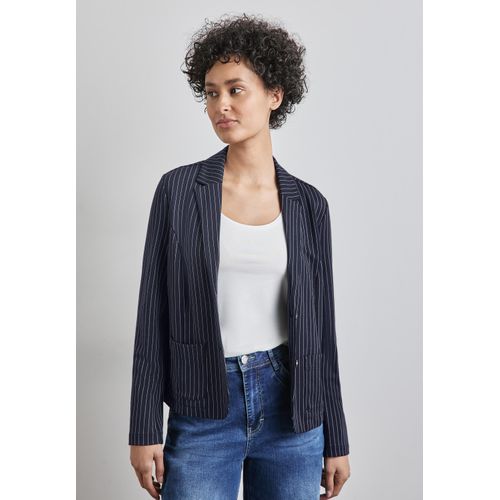 Kurzblazer STREET ONE, Damen, Gr. 46, blau (tiefblau), Stoff, Jersey, 55% Viskose, 36% Polyamid, 6% Elasthan, 3% Polyester, gestreift, casual, normal kurz, V-Ausschnitt, Langarm abgesteppt, Blazer, Kurz