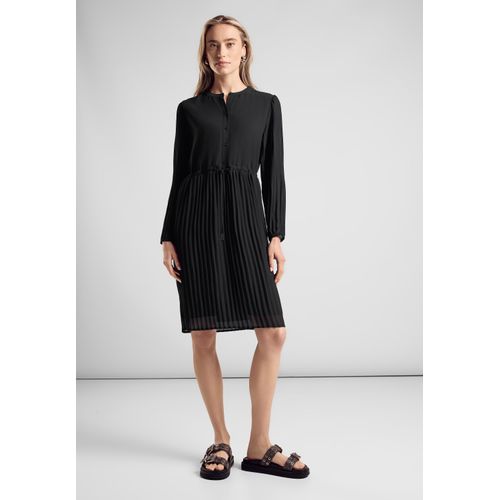 Blusenkleid STREET ONE, Damen, Gr. 46, EURO-Größen, schwarz, Stoff, 100% Polyester, unifarben, casual, gerade knielang, Rundhals, Langarm Bündchen, Kleider, mit Knopfleiste