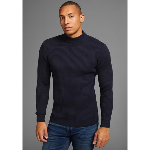 Stehkragenpullover BRUNO BANANI, Herren, Gr. XL (56/58), blau (dunkelblau), Feinstrick, Obermaterial: 50% Baumwolle, 50% Polyacryl, unifarben, Basic, slim fit, Langarm Bündchen, Pullover, in Rippstrickoptik