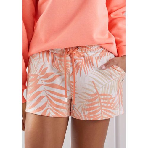 Sweatshorts LASCANA, Damen, Gr. 48/50, N-Gr, orange (pfirsich gemustert), Sweatware, Obermaterial: 60% Baumwolle, 40% Polyester, gemustert, feminin, Basic kurz, Hosen, Loungeshorts im schönen Allover-Blätterdruck, Loungewear