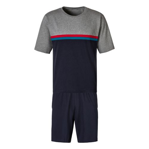 Shorty LE JOGGER, Herren, Gr. 56/58, bunt (grau, meliert, navy), Jersey, Obermaterial: 100% Baumwolle, Basic, kurz, Rundhals, Kurzarm abgesteppte Kante, Homewear-Sets, mit Colorblock