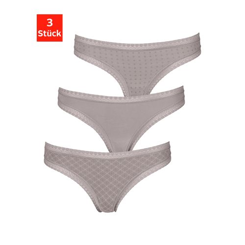 String LASCANA Gr. 32/34, grau (taupe), Damen, Jersey, Obermaterial: 95% Baumwolle, 5% Elasthan. Spitze: 90% Polyamid, 10% Elasthan, bedruckt, unifarben, Unterhosen, aus elastischer Baumwolle mit weicher Spitze