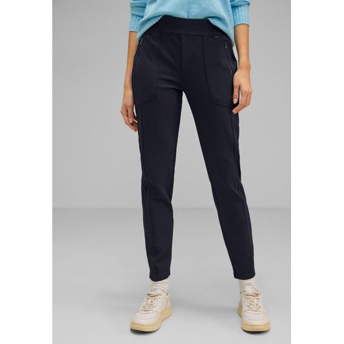 Jogger Pants STREET ONE, Damen, Gr. 42, Länge 30, blau (tiefblau), Stoff, 95% Polyamid, 5% Elasthan, unifarben, casual, loose fit lang, Hosen, Middle Waist