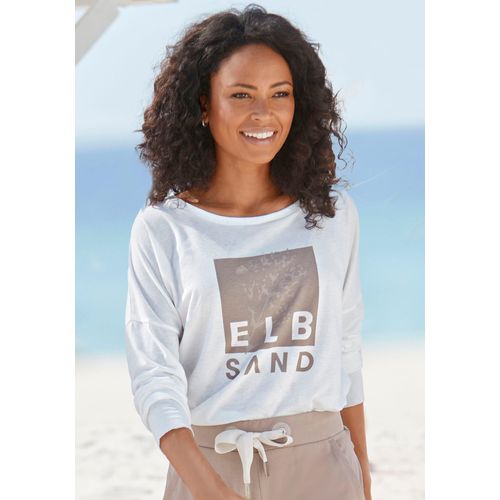 Langarmshirt ELBSAND Gr. S (36), weiß Damen Shirts mit Logodruck, Baumwoll-Mix, sportlich-casual