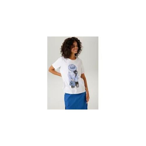 T-Shirt ANISTON CASUAL Gr. 48/50, blau (weiß-hellblau-schwarz-royalblau-silberfarben) Damen Shirts mit silberfarbenem Folienprint verzierter Frontdruck