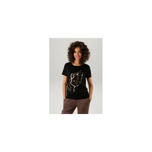 T-Shirt ANISTON CASUAL Gr. 38, goldfarben (schwarz-goldfarben) Damen Shirts mit abstraktem Gesicht aus glänzendem Folienprint