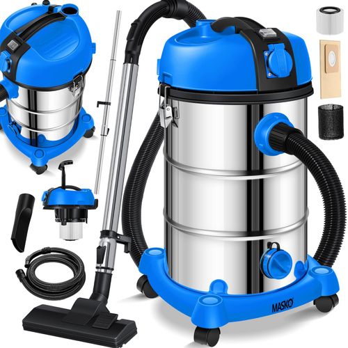 MASKO® Industriestaubsauger, Nass Trockensauger HEPA, 3 in 1 Filtersystem, 58 l/s Werkstattsauger mit Steckdose, 2300W, 30L, Industriesauger mit & ohne Beutel, Filter + Aufsätze, Push&Clean