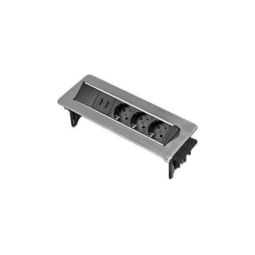 Brennenstuhl Indesk Power USB-Charger, 3 Schutzkontakt-Steckdosen, 2 USB-Ladebuchsen, versenkbar, 2 m Kabel, silber/schwarz