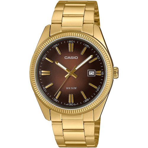 Quarzuhr CASIO TIMELESS COLLECTION Armbanduhren goldfarben, braun Damen Armbanduhr, Damenuhr, Herrenuhr, Edelstahlarmband, Neo-Display, Tag