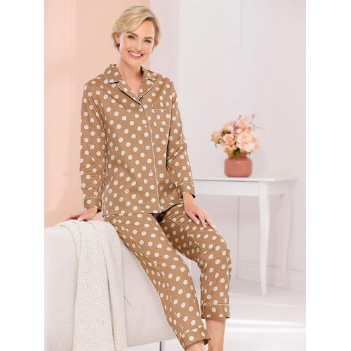 Schlafanzug WÄSCHEPUR, Damen, Gr. 44/46, braun (camel), 100% Baumwolle, Homewear-Sets