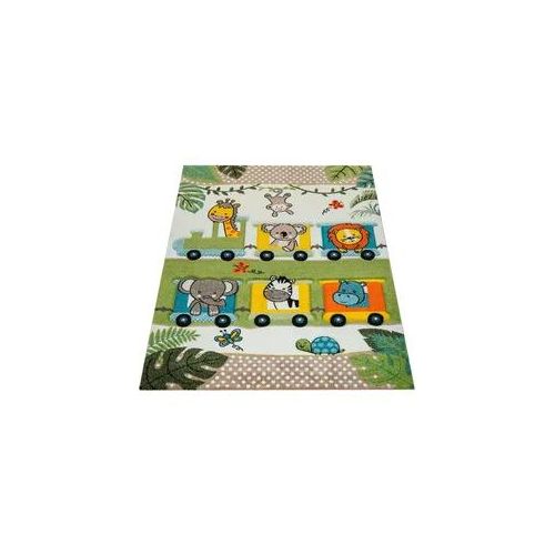 Kinderteppich PACO HOME "Diamond 635" Teppiche Gr. B: 160cm, 18mm, L: 230cm, grün Kinder 3D-Design, Motiv verspielte Zootiere im Zug, Kinderzimmer