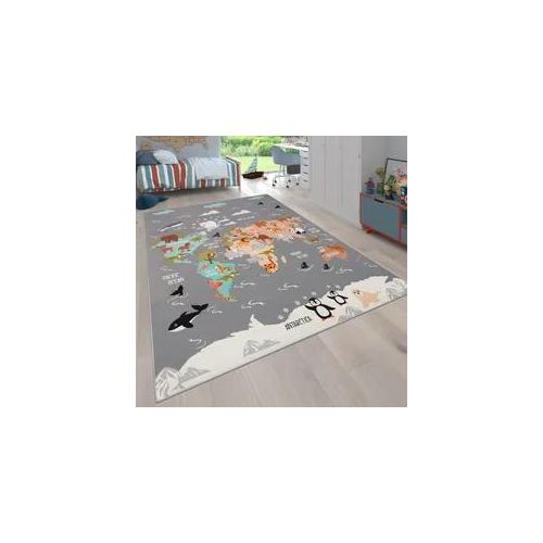 Kinderteppich PACO HOME "Bino 581" Teppiche Gr. B: 200cm, 4mm, L: 290cm, grau Kinder Spielteppich, Motiv Weltkarte & Tiere, Kinderzimmer