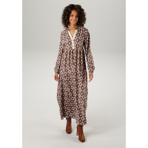 Maxikleid ANISTON CASUAL, Damen, Gr. 44, N-Gr, bunt (hellbraun, wollweiß, petrol, braun), Web, Obermaterial: 100% Viskose, bedruckt, gemustert, modisch, lässig geschnitten knöchellang, V-Ausschnitt, Langarm elastischer Bund mit Gummizug, Kleider, mit fantasievollem Mandala-Druck