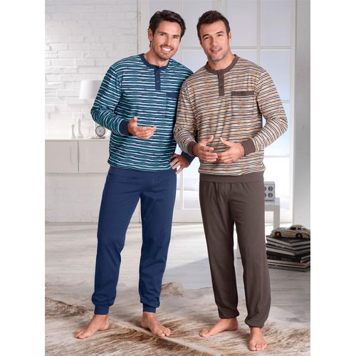 Schlafanzug WÄSCHEPUR, Herren, Gr. 48/50, bunt (blau, natur), 100% Baumwolle, Langarm, Homewear-Sets