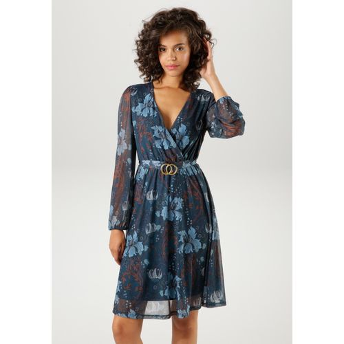 Blusenkleid ANISTON CASUAL, Damen, Gr. 36, N-Gr, blau (petrol, hellblau, braun wollweiß, grün, lila), Mesh, Obermaterial: 95% Polyester, 5% Elasthan. Futter: 100% Polyester, geblümt, bedruckt, feminin, figurumspielend kniefrei, V-Ausschnitt, Langarm elastischer Bund mit Gummizug, Kleider Partykleid, mit dekorativer Brosche am fixiertem Bindegürtel